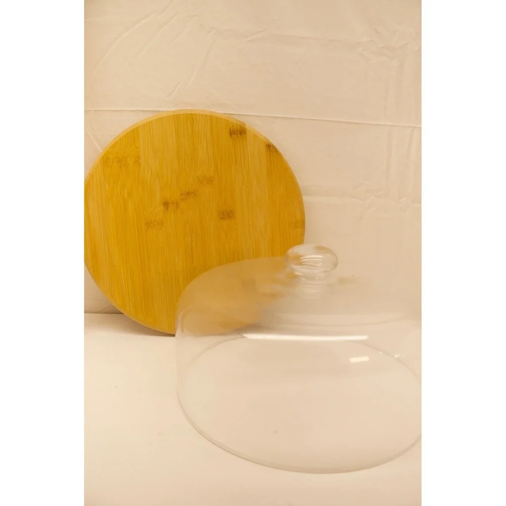 Bamboo Cheese Board with Glass Cloche Dome Round Serving‎ Platter 11 Inch F-5